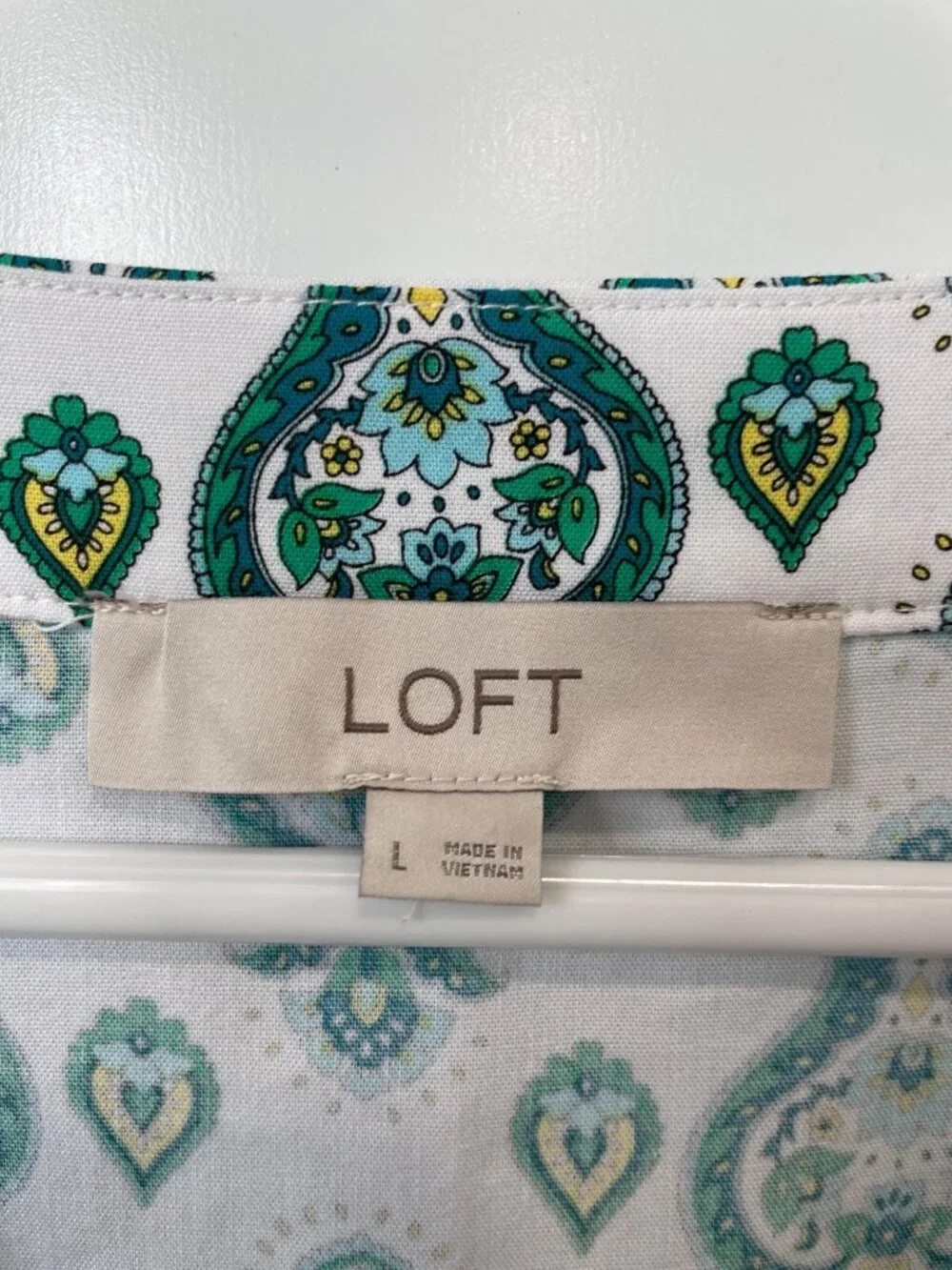 Loft Blouse Large Floral Paisley V-Neck Puff Sleeve White Green Boho Cottagecore